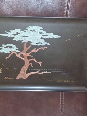 Couroc Of Monterey Serving Tray. Vintage Handpainted Tree Tray. Signed.